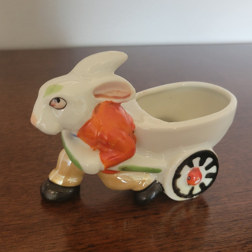 Vintage Japan Ceramic Rabbit Planter Wheelbarrow Figurine Easter Decor White